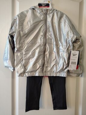 Reebok Metallic Silver Hooded Jacket with Black Leggings And Pink Shirt